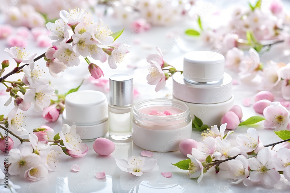 Cosmetic creams and lotions are arranged with cherry blossoms for a fresh spring look Cosmetic creams and lotions are arranged with cherry blossoms for a fresh spring look