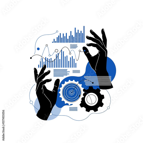 Hands interact with data and gears isolated on white background