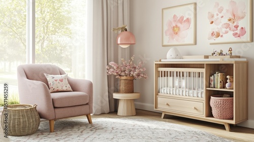 Light pink nursery with a wooden crib and armchair.