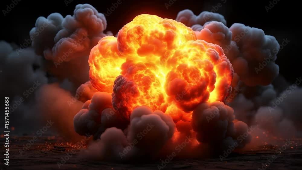 Explosion effect with fire, smoke, dynamic motion, showing power, energy against a dark background. Explosion Effect concept. 4K video clip