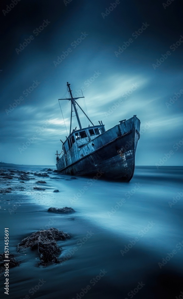 Obraz premium Abandoned ship on a dark, stormy coast
