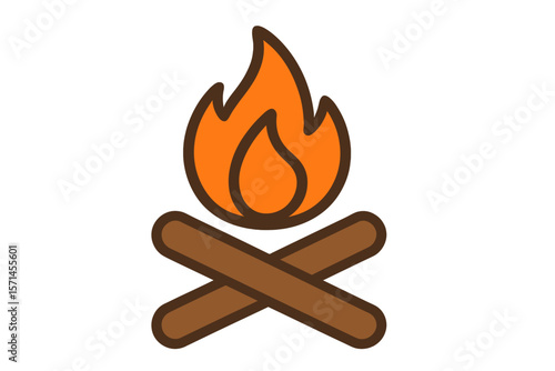 Vector Illustration of a Flat Campfire Icon with Flame and Logs