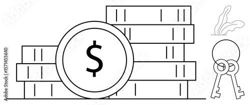 Stack of coins with dollar sign, pair of keys, and abstract background. Ideal for finance, investment, savings, real estate, security wealth management entrepreneurship. Clean simple flat metaphor