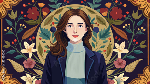 A young woman stands gracefully, her soft smile framed by a black turtleneck and cardigan. Behind her, a tapestry of delicate floral patterns adds charm to the serene portrait setting.