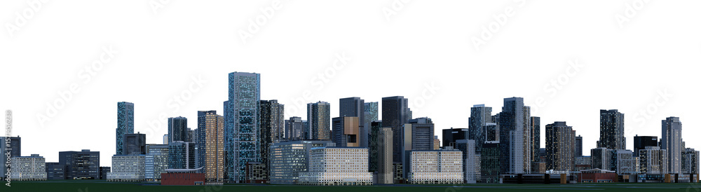 Fototapeta premium 3D render of a panoramic night city view on a transparent background. 