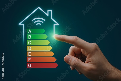 Small-scale renewables support local, sustainable energy solutions. A hand points at an energy efficiency rating chart shaped like a house