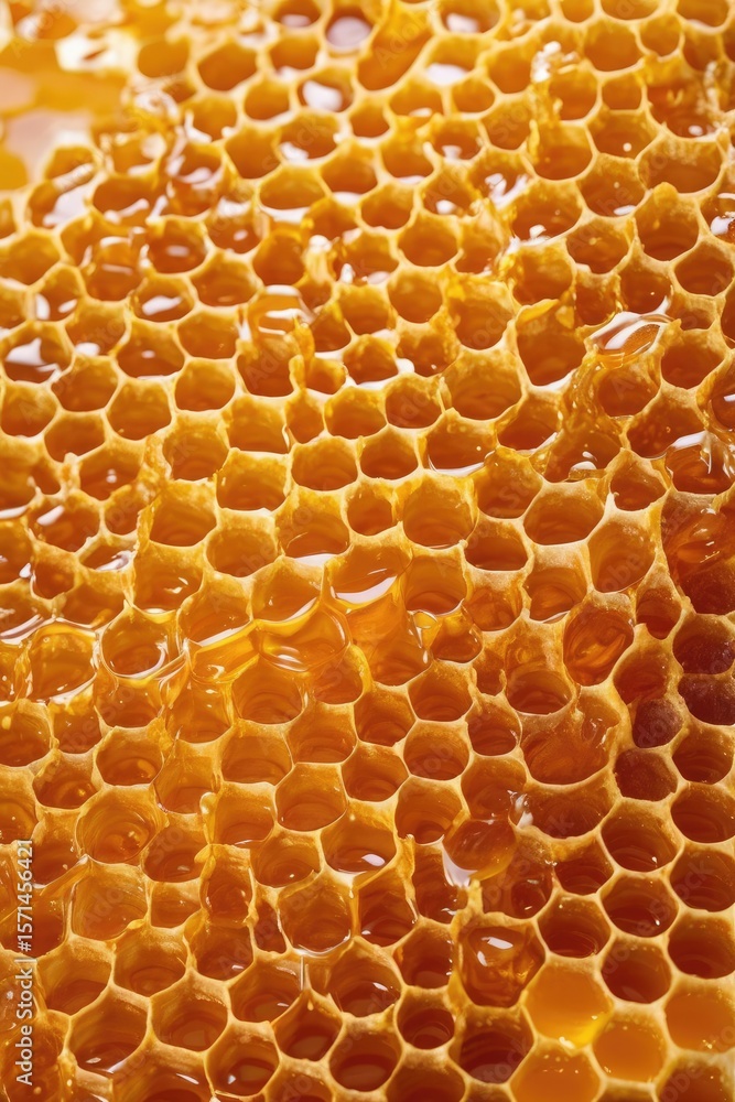Close-up of honeycombs dripping with fresh golden honey, creating a sweet and organic background with copy space, ideal for food, health, skincare, natural product branding visuals. Packaging, poster Close-up of honeycombs dripping with fresh golden honey, creating a sweet and organic background with copy space, ideal for food, health, skincare, natural product branding visuals. Packaging, poster