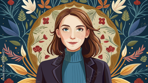 A young woman stands gracefully, her soft smile framed by a black turtleneck and cardigan. Behind her, a tapestry of delicate floral patterns adds charm to the serene portrait setting.