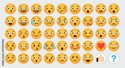 A grid of yellow emojis displaying various facial expressions and symbols world emoji day