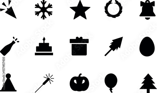Holiday & Celebration Silhouette Icon Bundle – Christmas Tree, Fireworks, Birthday Cake, Gift Box, Party Hat, Balloon, Snowflake, Champagne Bottle, Halloween Pumpkin, Easter Egg, Star Decoration, Spar