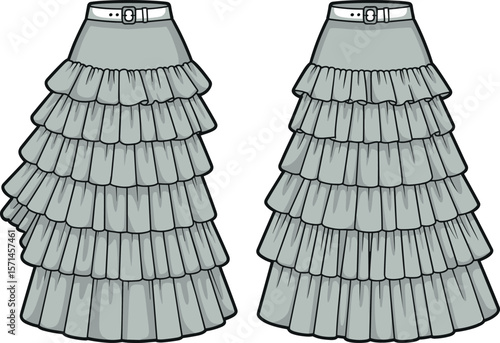 Asymmetrical Ruffled Tiered Skirt CAD Drawing: A Must-Have Flat Vector Fashion Illustration for Apparel Design and Trend Forecasting.