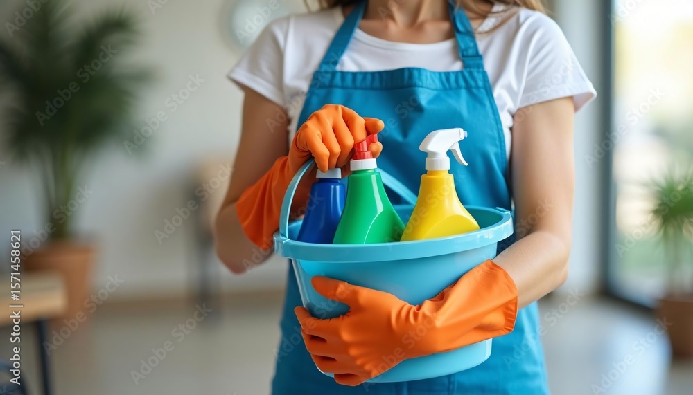 Woman in blue apron holding a bucket of cleaning supplies Colorful bottles and orange gloves are visible Woman in blue apron holding a bucket of cleaning supplies Colorful bottles and orange gloves are visible