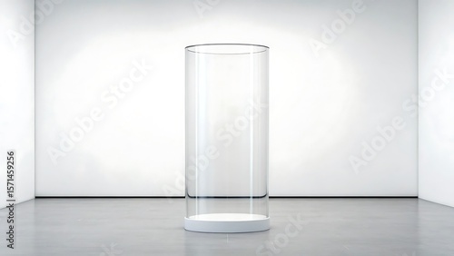 A tall empty cylindrical glass display case stands centered on a polished concrete floor in a bright white room