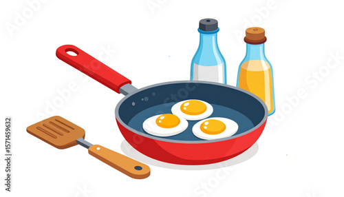 Three fried eggs cooking in a red frying pan, with oil bottles and a spatula nearby.