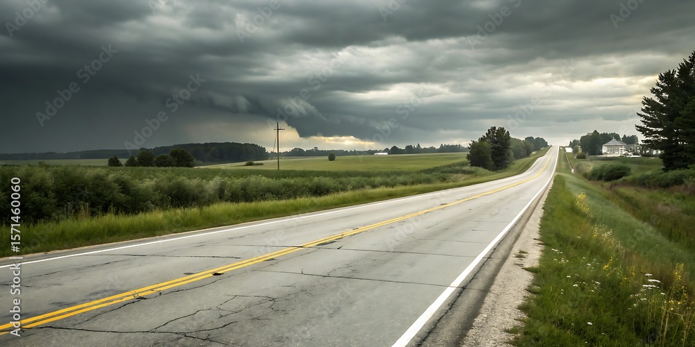 Fototapeta premium An empty rural highway stretches towards a dramatic stormy sky over vast green fields and distant trees