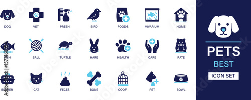 Pets icon set collection. Dog, vet, preen, bird, foods, vivarium, home, fish, ball, turtle, hare, care, rate, cat, bone and best solid icon set.