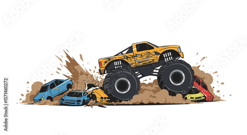 Monster truck crushing cars and kicking up dirt in action  on transparent background 