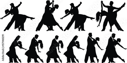 Ballroom dancers silhouette performing elegant dance poses, romantic couple dancing illustration, classic tango waltz vector design, graceful movement art
