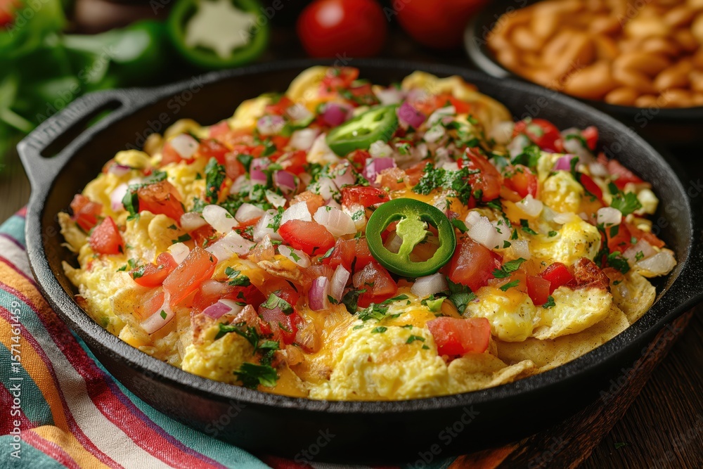 Tex-Mex migas in skillet with salsa, beans, and striped napkin Tex-Mex migas in skillet with salsa, beans, and striped napkin