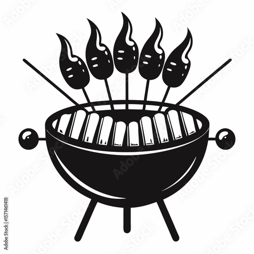 Monochrome Barbecue Grill Illustration with Flaming Skewers Black and White Rustic Art