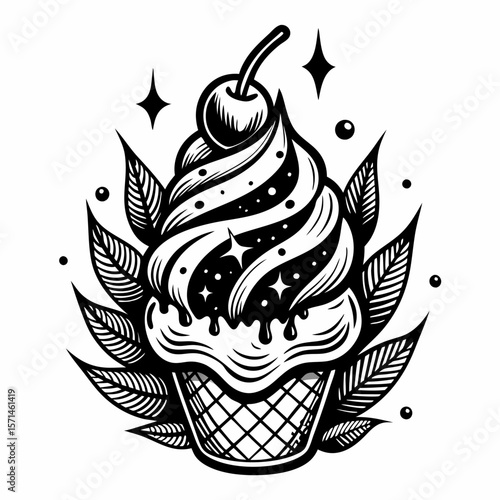 Vintage Ice Cream Cone Tattoo Art with Cherry and Intricate Details