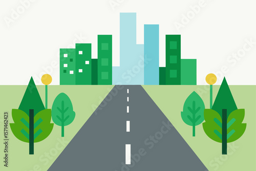 Linear City Road With A Divider Full Of Green Plants