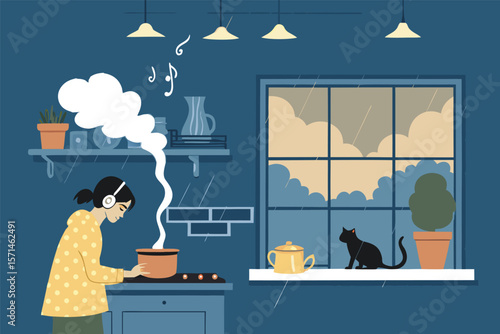 Cozy rainy evening scene vector illustration of a person cooking while listening to music, with a cat on the windowsill.