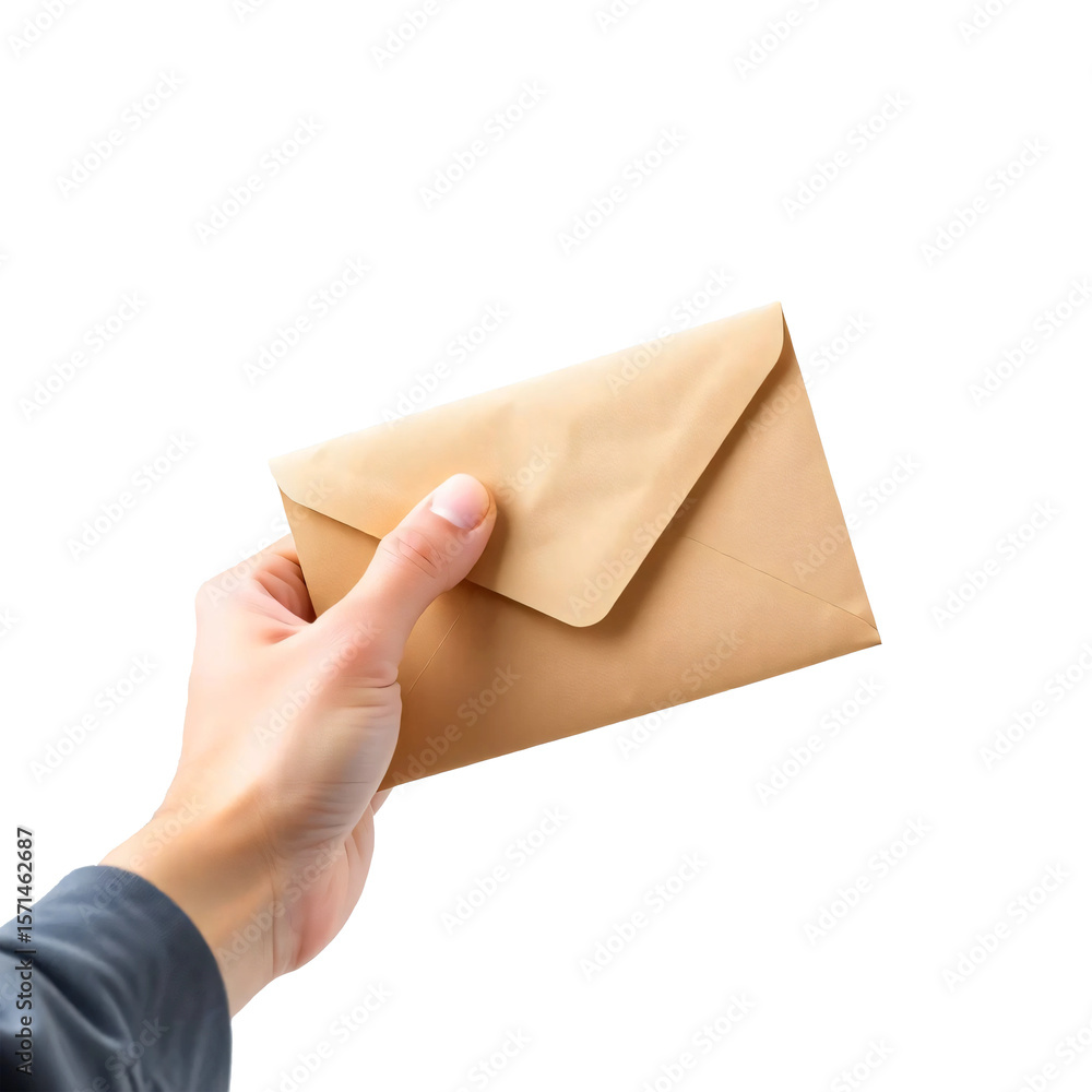 Fototapeta premium Hand holding brown envelope isolated on transparent background