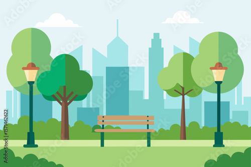 City Park With Artistic Benches And Streetlights