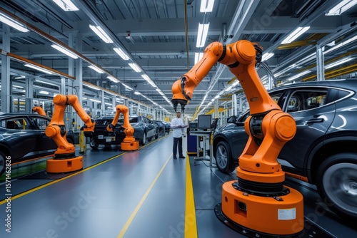 Robotic arms assemble cars on a modern factory production line