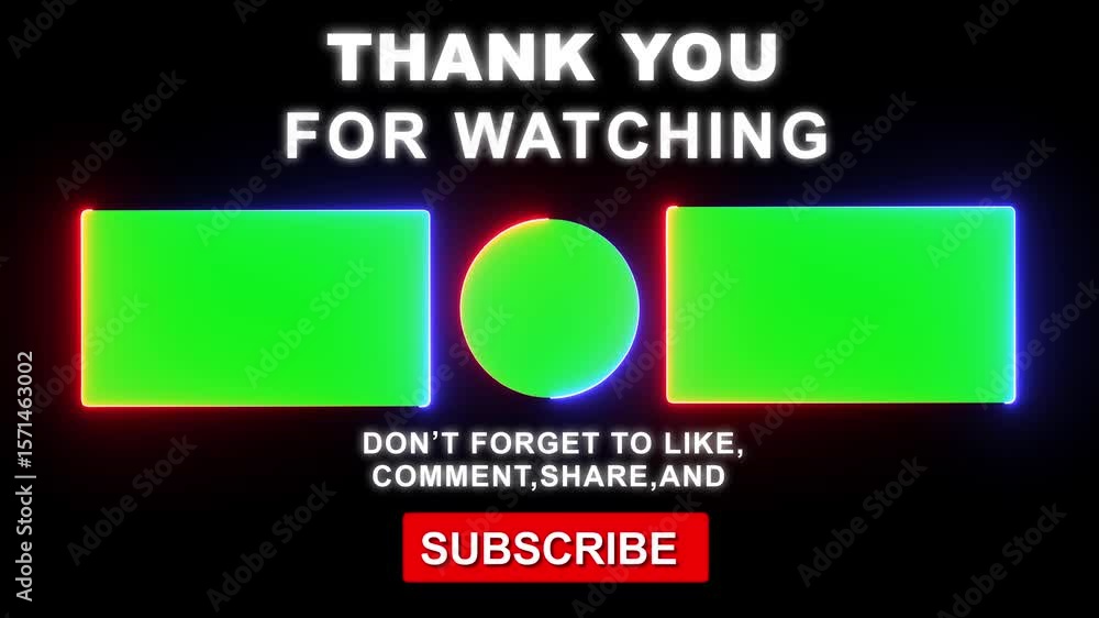 Animated end screen with green screen placeholders for customizable logos and text. Social Media Lower Third YouTube End Screen ,Live Streaming Overlay Subscribe text Animation On Air Neon Glow Sign ,