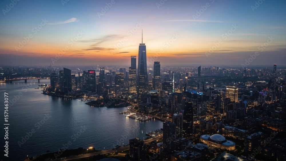 Obraz premium Aerial view of a city skyline at dusk with skyscrapers and a river reflecting city lights