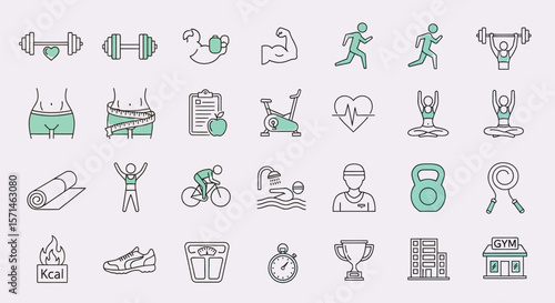 Fitness and gym icons set vector illustration for healthy lifestyle concept