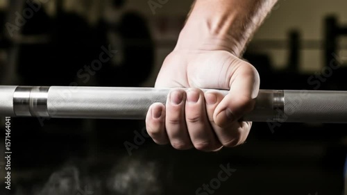 Close up sequence showing a lifter gripping a barbell with chalk dust enhancing grip strength and