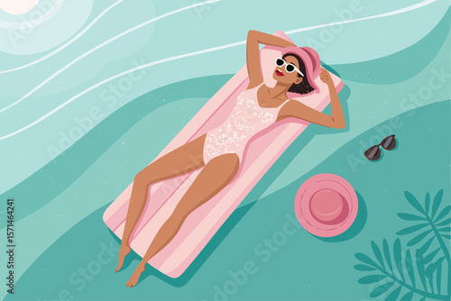 Vector art Relaxing woman sunbathing on pool float in a serene pool. Clear blue sky.