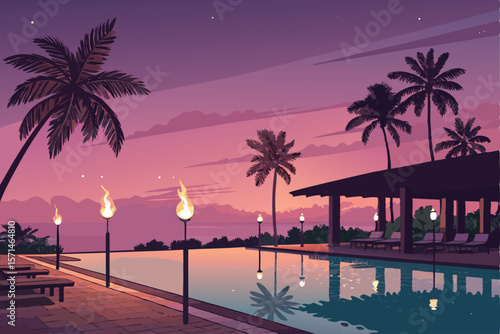 Vector resort pool at dusk. Fire torches illuminate tranquil scene. Palm trees, poolside chairs, peaceful.
