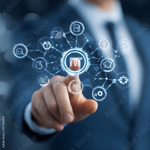  IT Consulting. Businessman holds digital consulting network connecting icon representing IT solutions, focusing on innovation, strategy, optimization, growth, and technology-driven success
