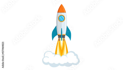 A cartoon rocket ship taking off with flames and smoke, ascending upwards.