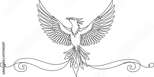 Phoenix bird line drawing with spread wings, elegant mythical creature art, fantasy firebird outline, flying symbol, ornate vector illustration