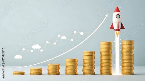Rocket Launching Above Stacked Coins with Growth Chart on Gray Background