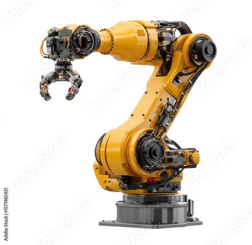 Detailed rendering of a yellow industrial robot arm isolated on a black background