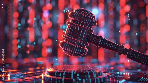 Digital Gavel on Futuristic Background with Glowing Red and Blue Lights Symbolizing Technology and Justice