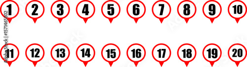 Location pin icons with number 1-20.  global positioning system. Map point symbol. Numbered Map Pins. navigation and mapping use sign.