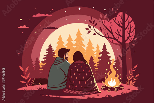 Vector art Couple, sitting, romantic, by fireplace. Cozy, intimate scene. Under a starry night sky.