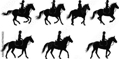 Silhouette of horse riding girl in motion, equestrian activity, black vector artwork, horseback riding posture collection, horse training pose