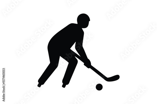 A silhouetted figure of a hockey player in a dynamic pose, bending forward while gripping a hockey stick. The player is poised to hit a puck on the ground, with one leg extended and the other slightly