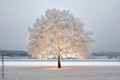 A large white tree stands out against a snowy background, illuminated softly by light, near a calm lake in winter