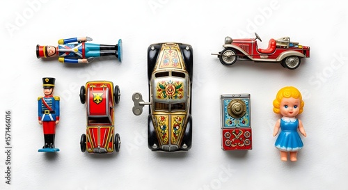 Flat Lay of Vintage Toys on White Background – Assorted Collectibles Including Tin Wind-Up Cars, Toy Soldiers, and Classic Toy Camera for Nostalgia, Childhood Themes and Editorial 