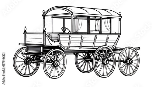 A meticulously detailed line drawing of a vintage horse-drawn carriage, showcasing its elegant design and intricate wooden construction.
