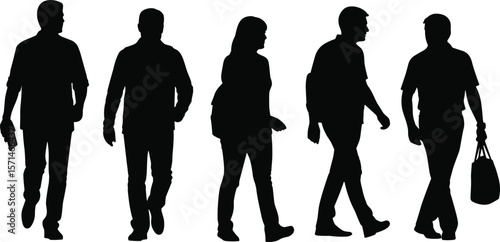 Silhouette of walking people, men and women in motion, side view, holding items, casual walk, group pedestrian scene